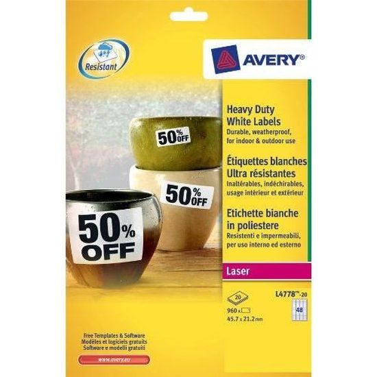 AVERY CAJA 20 HOJAS ETIQUETAS DE POLIESTER INAMOVIBLES LASER BLANCO 45.7 X 21.2 MM 960 UD. REF. L4778-20.. LA PAPELERIA Toledana Sum.dPapelería,SL