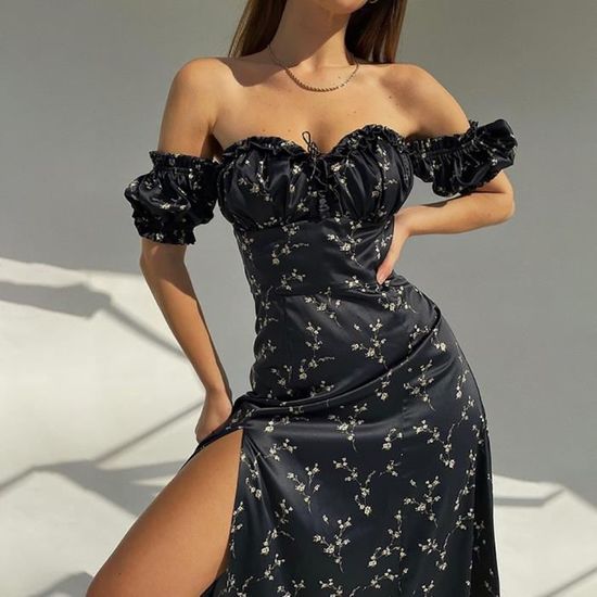 Robe longue plissée métallique sexy à épaules dénudées fente latérale