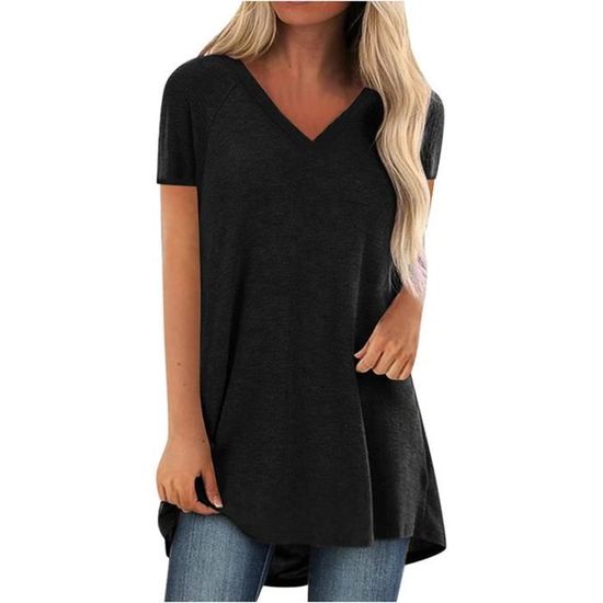 Pullover Femme Manche Courte Col V Jabot - Tunique Été Polyester Confortable