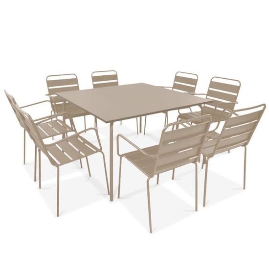 Ensemble table de jardin et 8 fauteuils - Acier - Palavas - Taupe
