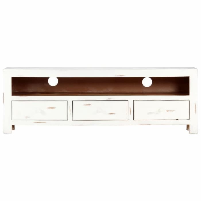 HAO Meuble TV Blanc Style contemporain 120cm Bois d'acacia massif
