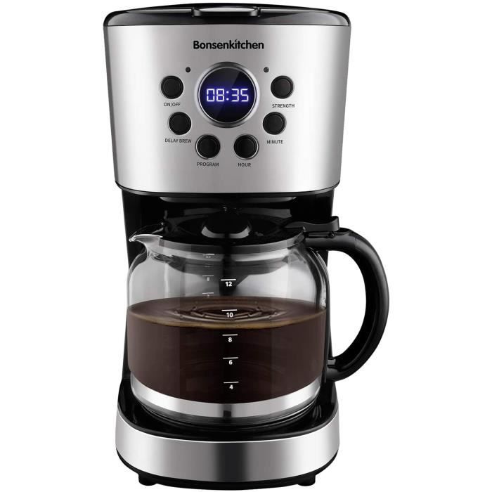 Bonsenkitchen Cafetière Filtre, Cafetière Electrique Programmable à 12 Tasses(1.5L), Fonction Maintien au Chaud, Arrêt Automatique,