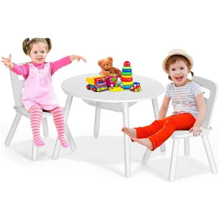 GOPLUS Ensemble de Table et 2 Chaises pour Enfants avec Rangement Central en Maille pour Collation et Devoirs,Blanc