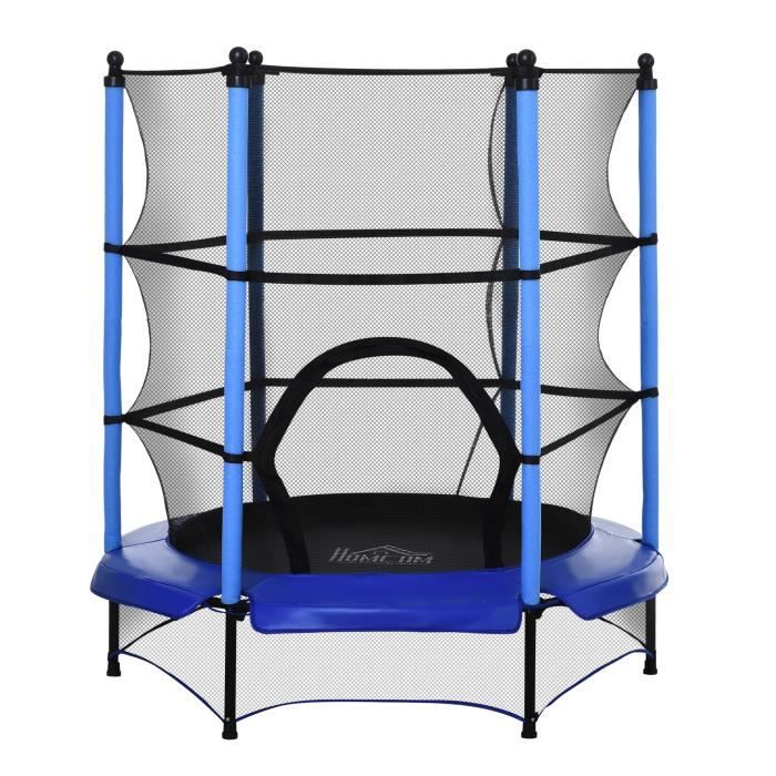 Trampoline de jardin enfants Ø 1,40 × 1,62H m filet de sécurité porte zipée couvre-ressorts + 6 poteaux rembourrés inclus bleu