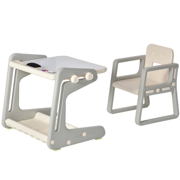 Ensemble table et chaise pour enfant - bureau enfant tableau blanc 2 en 1 - 3 marqueurs + brosse inclus - rangements - HDPE gris