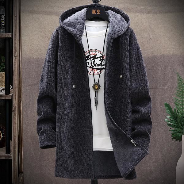 Pull homme,Hommes chandail polaire Cardigan veste d'hiver hommes chandails fins hiver Long à capuche chandail épais chaud manteau