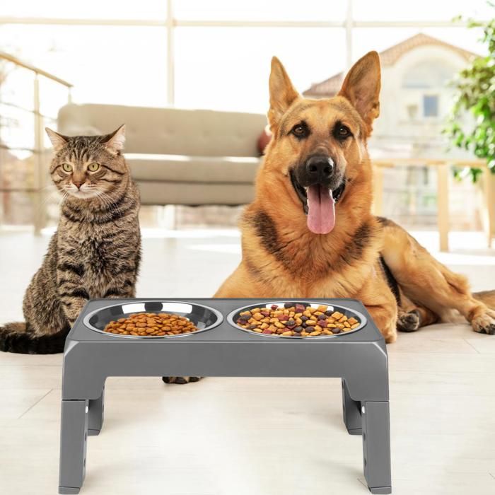 Meilleurs prix pour B.LIVEM Gamelle pour animaux de compagnie inox 3 hauteurs réglables 8/22/26/30cm chats et chiens - GRIS