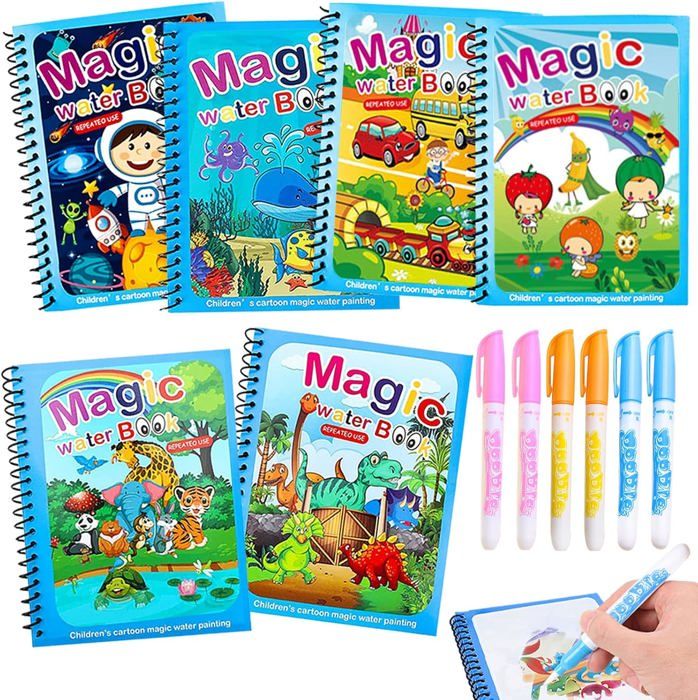 Lot De 4 Livres De Coloriage à L’eau – Carnets Magiques Réutilisables Avec Stylos à Eau – Thèmes Variés – Dès 3 Ans