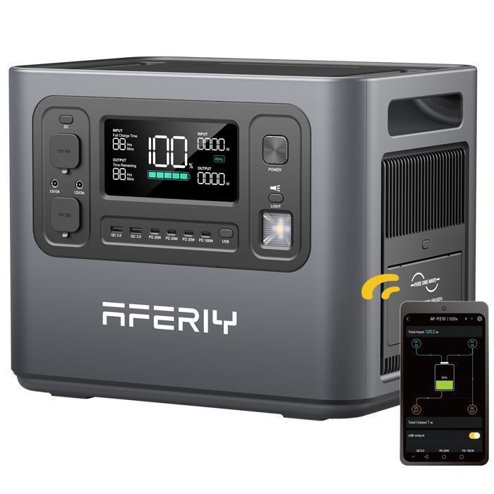 Générateur électrique portable - AFERIY - 2048Wh/2400W - Charge rapide 17h - Sortie 220-240V - UPS & App