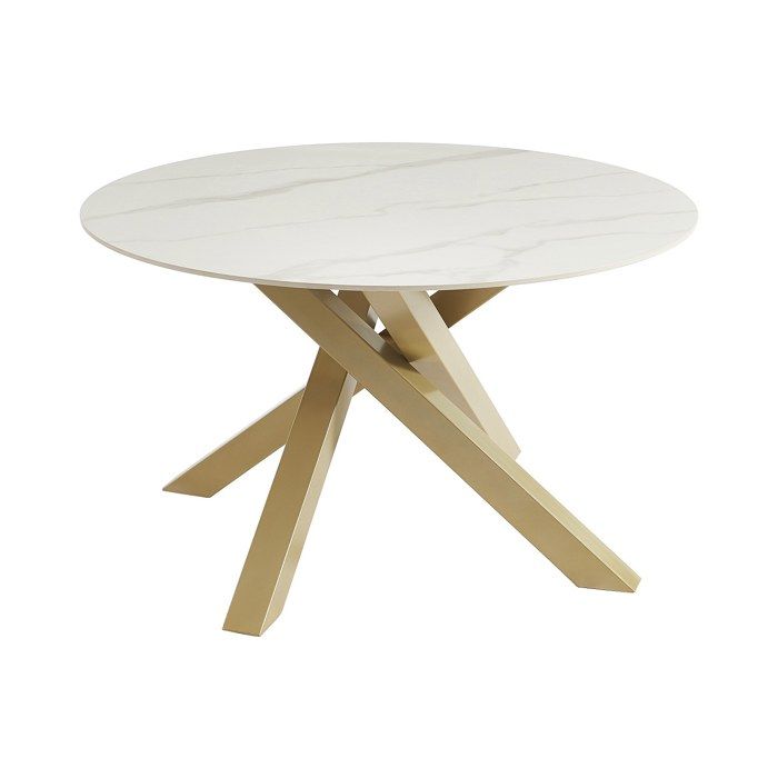 Table à manger ronde 4 personnes en céramique et métal doré - Effet marbre blanc - LENUMIA