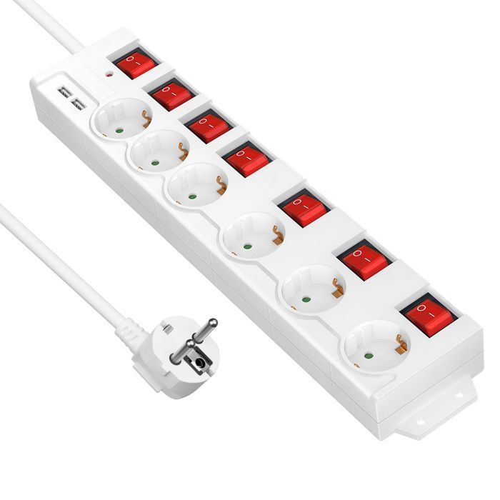 DEWENWILS Multiprise 3680W 6 Prises 16A avec 2 ports USB interrupteurs Individuels câble 2m blanc
