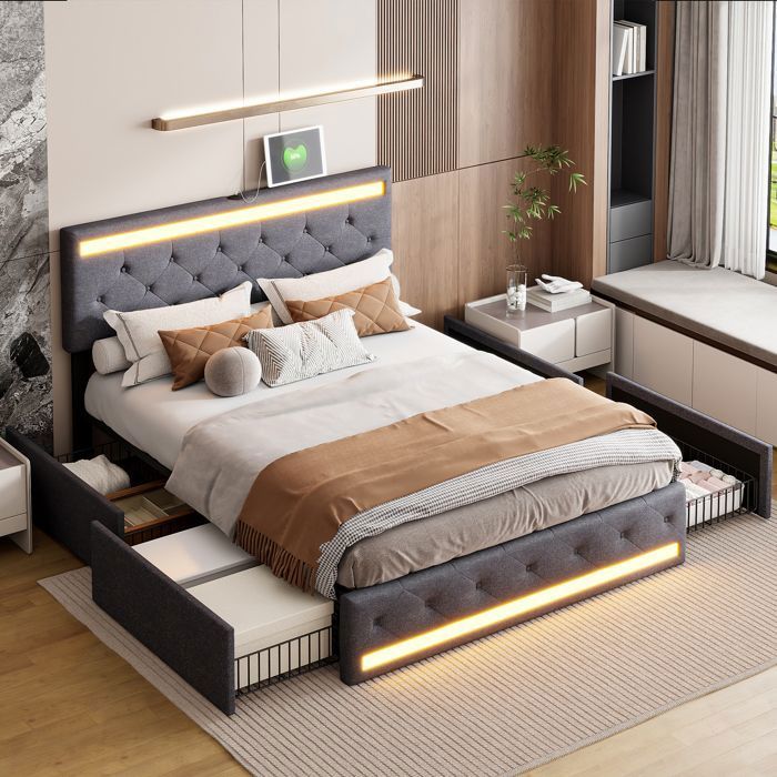 140x190 cm lit double coffre en linge gris cadre de lit avec base de bande lampes LED USB et 4 tiroirs de stockage sans matelas