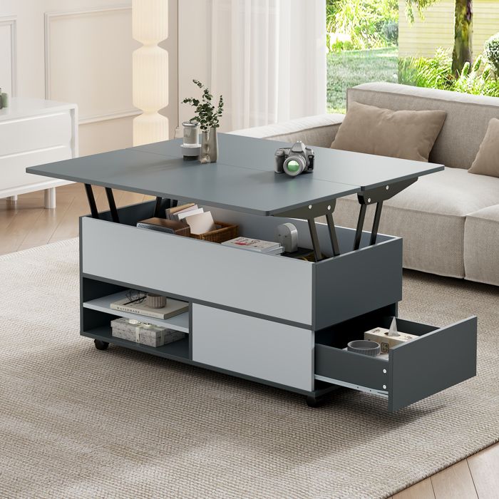 Table basse relevable 100 x 98 x 65 cm - avec rangement et étagères - avec roulettes et 1 tiroir - gris et blanc Table basse relevable 100 x 98 x 65 cm - avec rangement et étagères - avec roulettes et 1 tiroir - gris et blanc