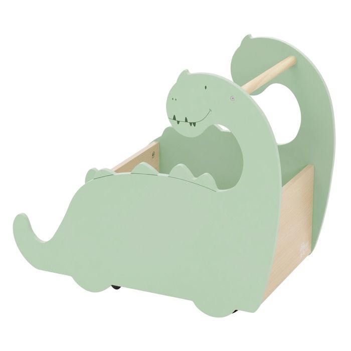 Joyz Coffre à Jouets en Bois Design Dino 57x31 5x49 cm Vert-Nature Bibliothèque Espace Ouvert Chariot à Roulettes Trotteur Pratique