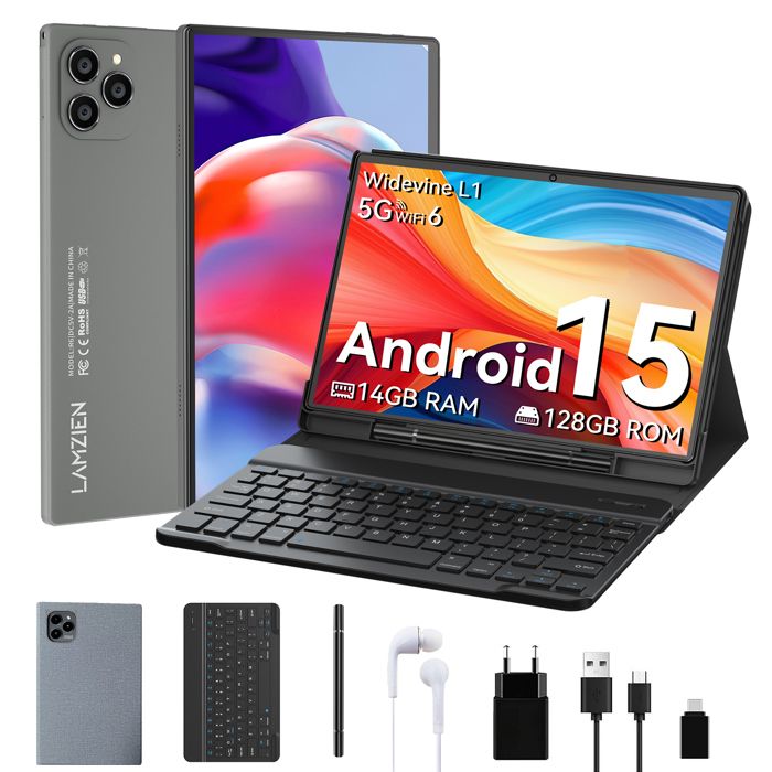 Tablette Tactile - LAMZIEN 10.1 Pouces IPS PAD - Android 15 - 14Go + 128Go - Wifi - 6500mAh - Clavier QWERTY