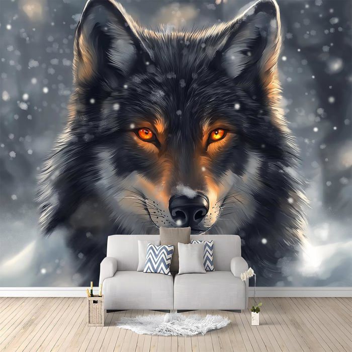 Papier Peint Loup Neige Animal – Revêtement Mural Canvas Haute Qualité, PVC, Ultra Résistant