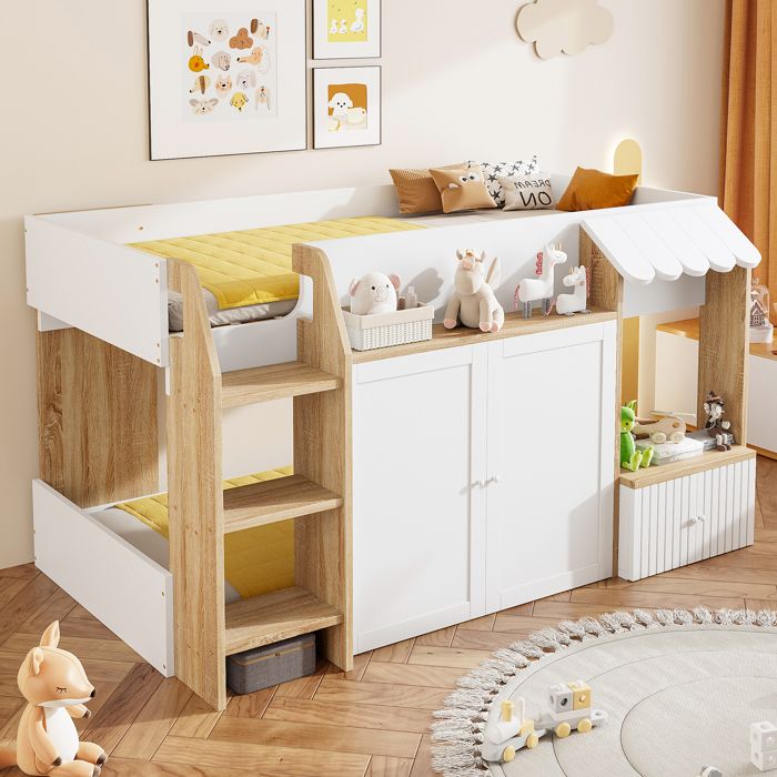 Lit cabane pour enfant 90x200cm avec échelle descalade lit mezzanine en bois massif avec sommier lit 1 personne bois + blanc
