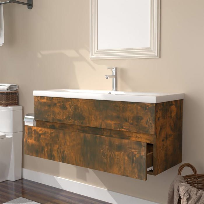 Meuble lavabo avec bassin intégré - vidaXL - Chêne fumé - Bois dingénierie - 100x38 5x45 cm - Vasque céramique