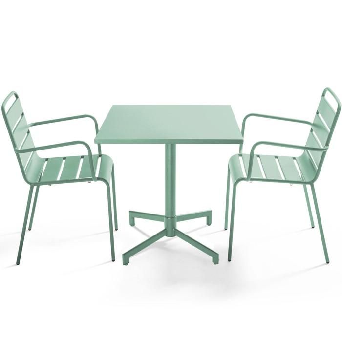 Ensemble table 70 cm et 2 fauteuils de jardin en métal Vert Sauge Palavas Oviala
