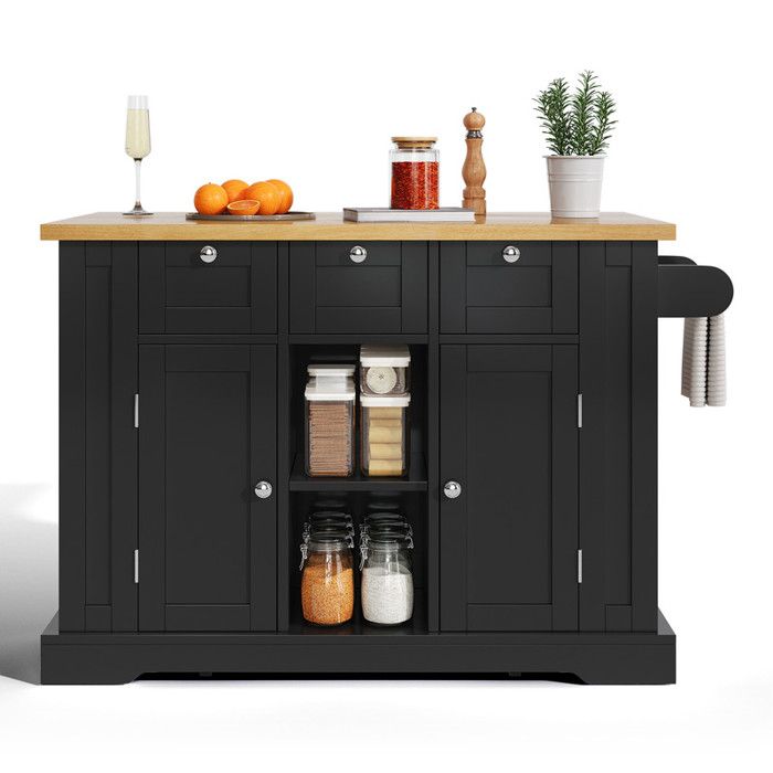 Table de cuisine mobile de 132 cm comptoir pliant armoire multifonctiontiroirétagère à épices prise de courant intégrée -Noir