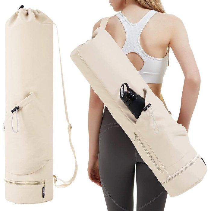 Sac transport tapis yoga 78x19 cm beige avec poche bouteille bandoulière imperméable