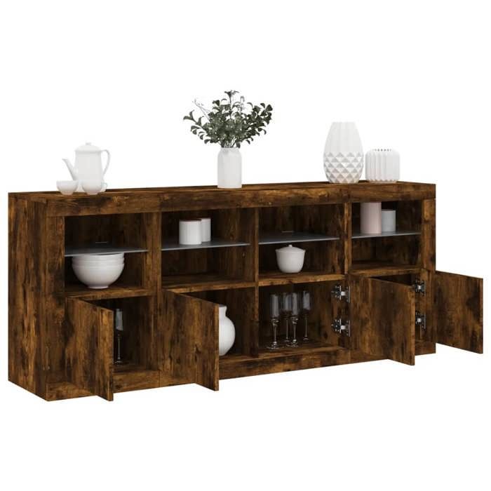 NEW 2026 Buffet Classique Armoire latérale pour salon avec lumières LED chêne fumé 163x37x67 cm L3452