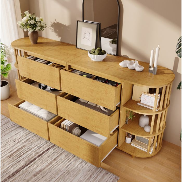 Buffet bas 6 tiroirs et niches ouvertes - ELVMI - MDF et bambou effet chene marron 160 x 40 x 75 cm