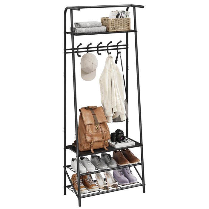 Meuble dentrée 4 en 1 - LUNSY - 64x31x180 cm - Noir - Tringle intégrée - Banc à chaussures - Range-chaussures - Patères