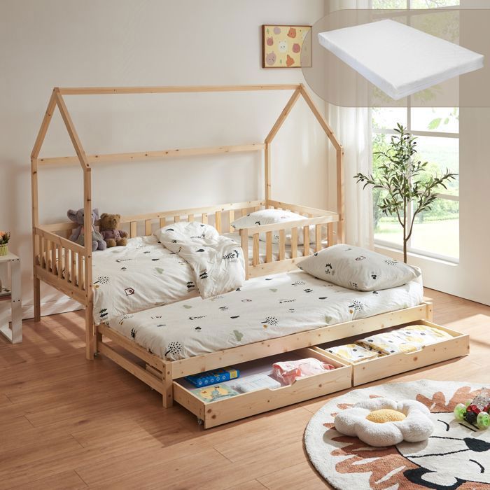 Lit cabane double Aarghonmaa avec 1 matelas 90 x 200 cm naturel Lit cabane double Aarghonmaa avec 1 matelas 90 x 200 cm naturel