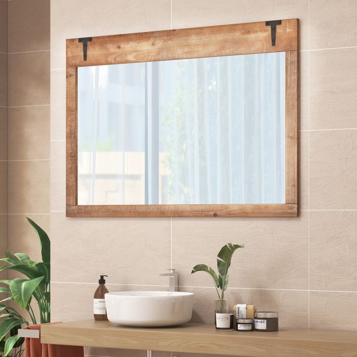 100 x 70 CM Miroir Mural Rectangulaire COSTWAY Cadre en Bois Suspension Verticale Horizontale Miroir Décoratif pour Salle de Bain
