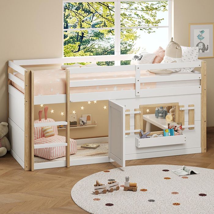 Lit superposé mezzanine enfant - Modèle 90x200 cm - Bois massif blanc - Escalier armoire - Espace jeu convertible