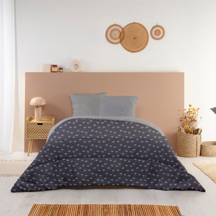 Couette Imprimée Chaude Oasis 220x240cm - Édredon 350g/m² Microfibre Fabriqué en France - Gris Ardoise foncé/Gris Zinc - BLEU CALIN