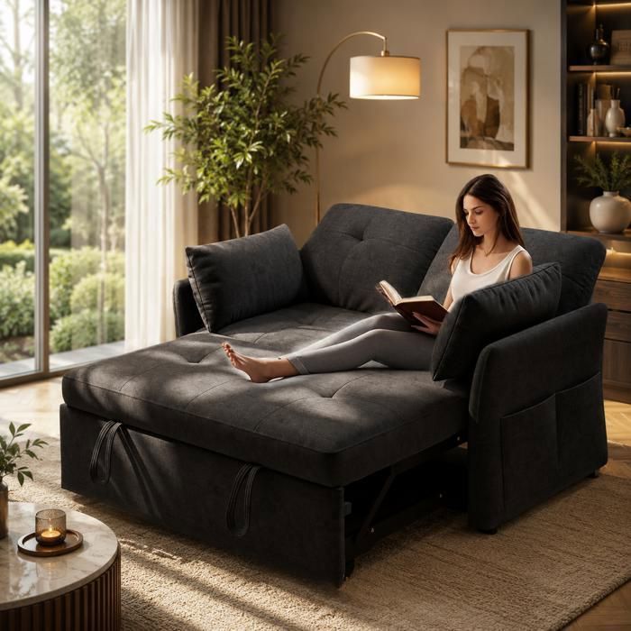 Canapé-Lit Pliant Convertible 3 en 1 - Tissus naturels - 2 Place - AKABER - Réglable 5 Positions - 110x71x85cm - Avec Rangement-Noir