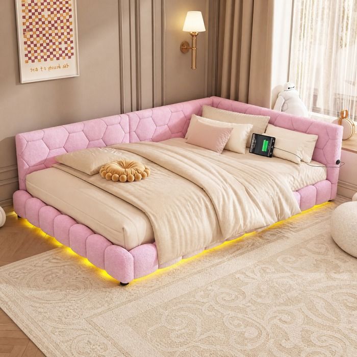 Lit banquette 2 places 140×200 cm tête de lit LED 16 couleurs USB Type-C - BEAUNIV - sans matelas MDF - rose