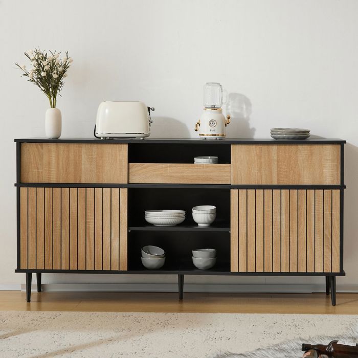 Buffet bas - SOGEU - 160x40x80 - 4 portes coulissantes - 1 tiroir - Aspect chêne/noir