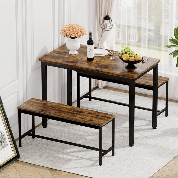 Ensemble table et chaises avec 1 table et 2 bancs - BEAUNIV - pour 4 personnes - Panneaux de particules et acier - Noir