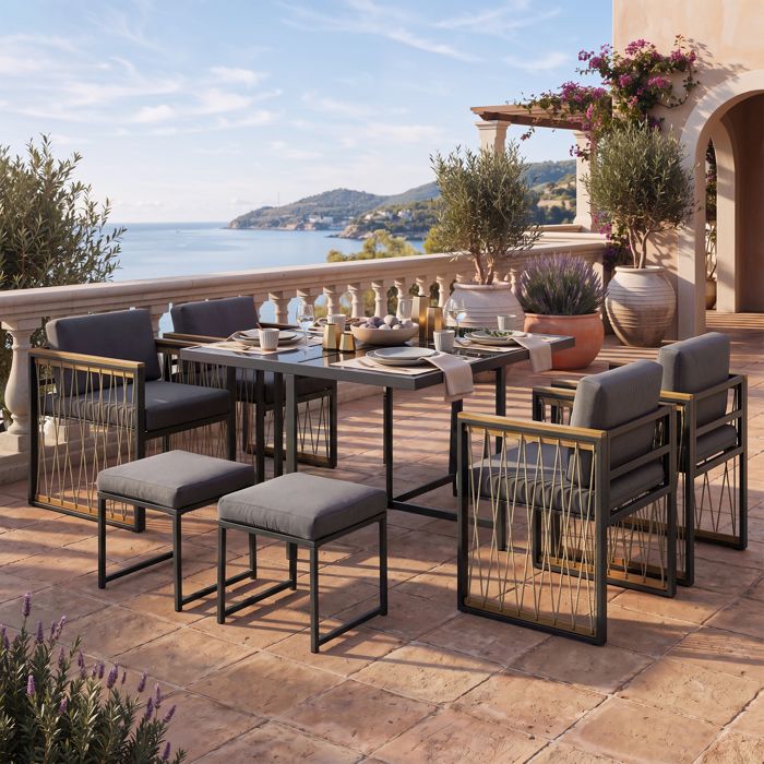 Ensemble de Salle à manger de jardin avec 1 Table 4 Chaises et 2 tabouret Mobilier de extérieur Plateau de table en Verre Noir Ensemble de Salle à manger de jardin avec 1 Table 4 Chaises et 2 tabouret Mobilier de extérieur Plateau de table en Verre Noir