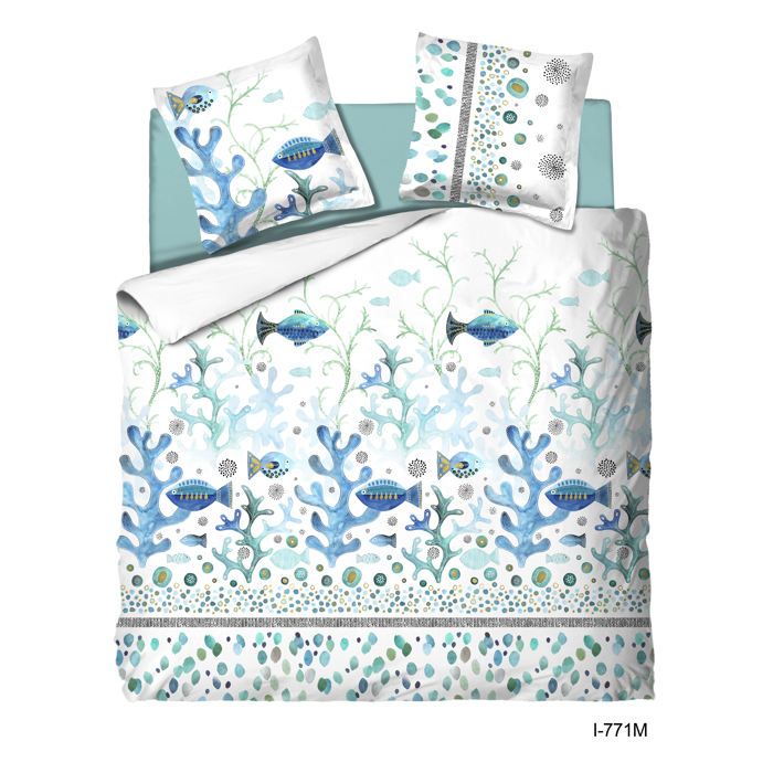 Parure de draps 2 places - UMBERTO RAVELLI - King - Recif Bleu - 100% microfibres - Drap housse 160x200 cm