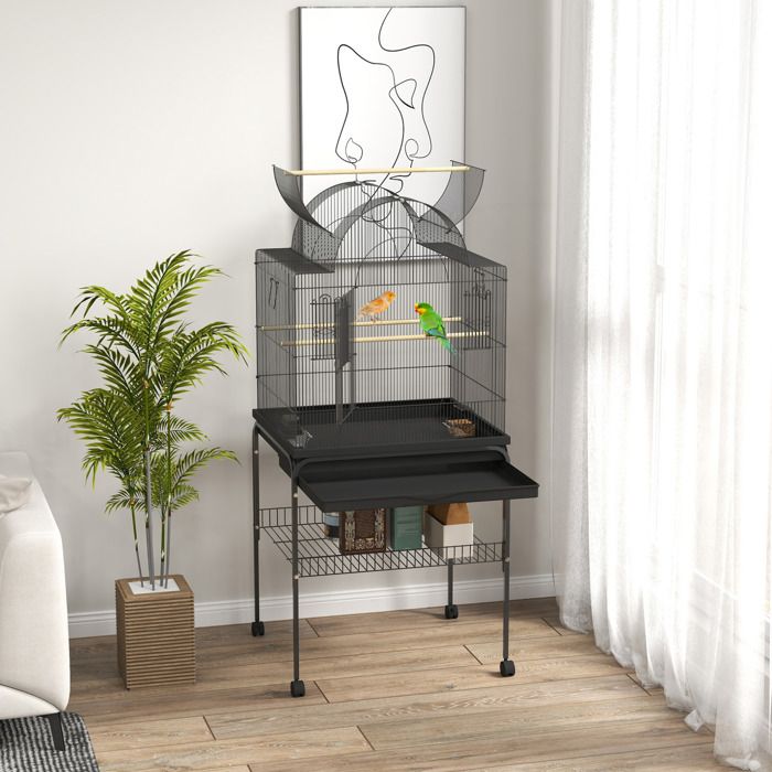 Cage oiseaux sur roulettes EVRYAE 63 x 53 x 144 cm avec support bac amovible acier noir