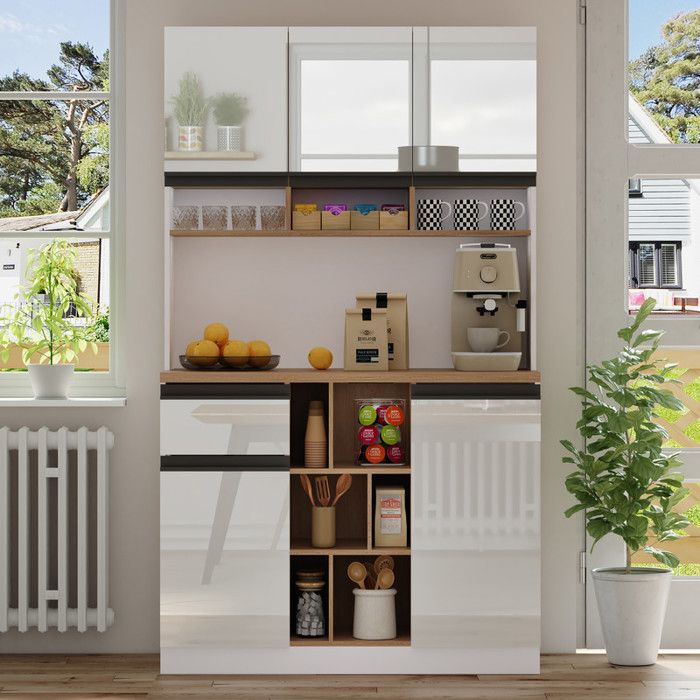 Buffet Moderne Blanc 1 Tiroir 5 Armoires Étagères Réglables Portes Laquées Poignées en Métal Anti-Basculement 105×45×185cm