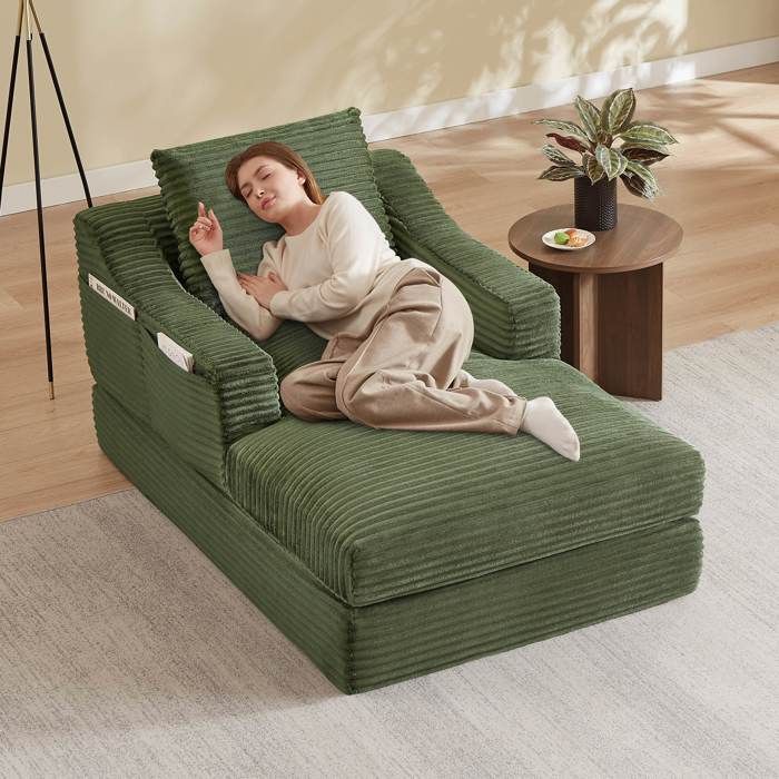 Fauteuil relax convertible en lit 1 place 100x162x68 cm canapé-lit velours côtelé double couche salon chambre vert