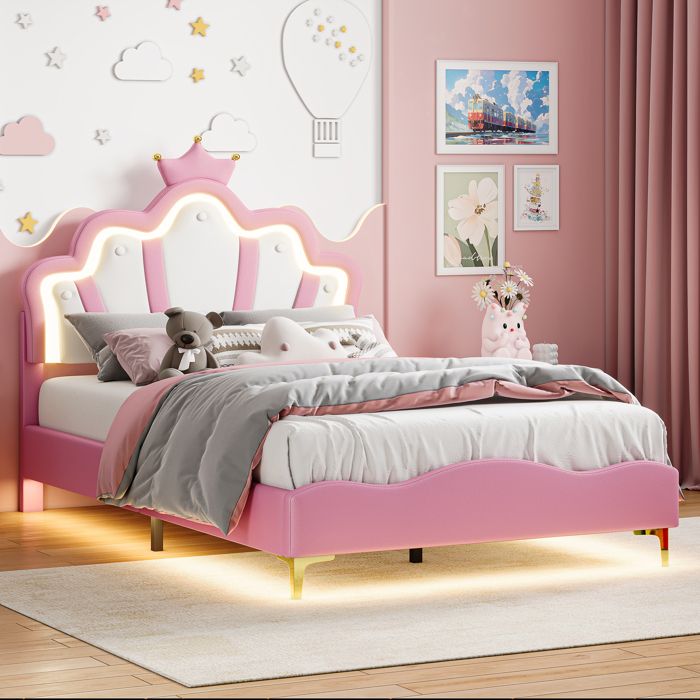 Lit enfant 140x190 cm rose PU lit princesse avec tête de lit couronne LED cadre nuage et sommier à lattes sans matelas