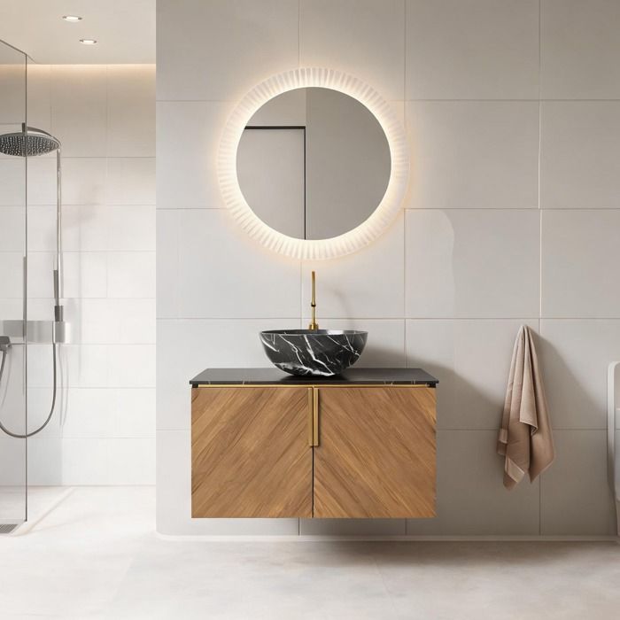 Meuble sous vasque suspendu salle de bain chêne brun et noir mat 76 cm vasque céramique noire à motif pierre 2 portes