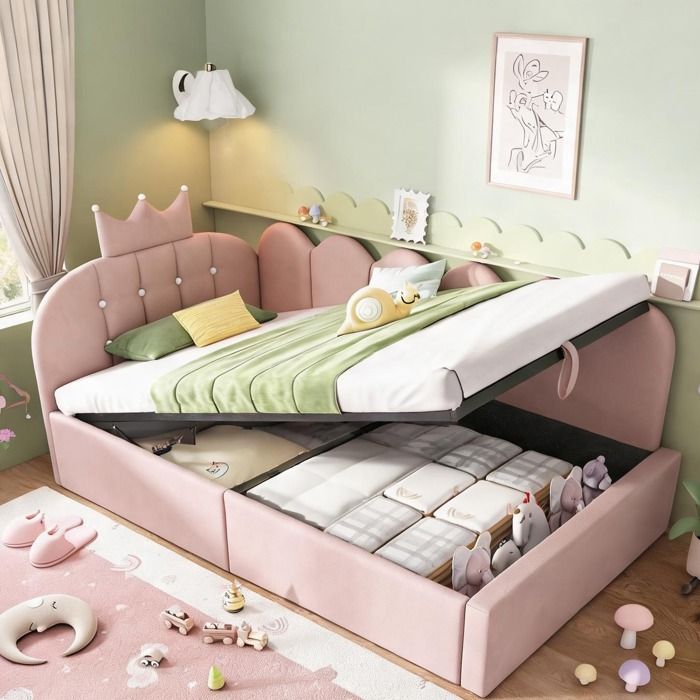 Méridienne 90x200 cm en velours rose avec couronne design L et rangement hydraulique