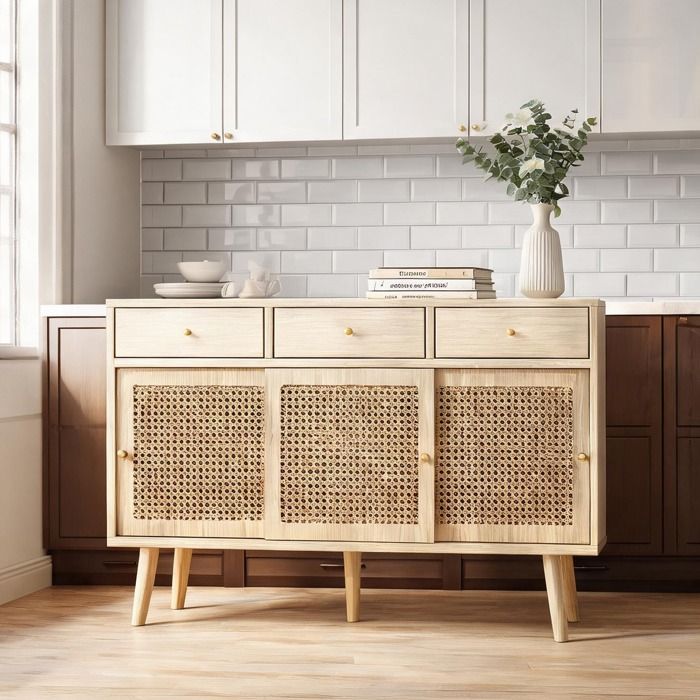 Buffet en MDF plaqué chêne avec 3 tiroirs et 3 portes coulissantes cannage rotin 120x40x78 cm style rétro
