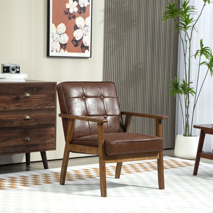 Fauteuil de salon Homcom en cuir synthétique dossier capitonné pieds en bois massif marron 64x73x81cm