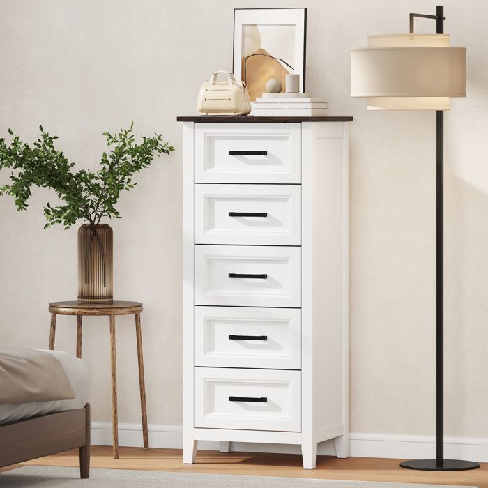Commode / Chiffonnier - 60 x 35 x 106 cm - 5 tiroirs - Blanc plateau effet bois - MDF 15 mm anti-basculement
