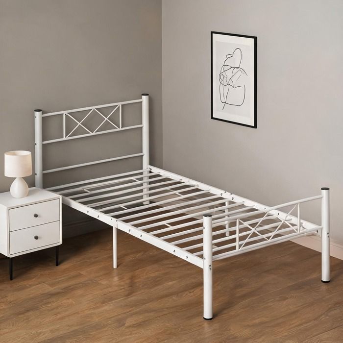 Cadre de lit simple en acier blanc hauteur 88 cm avec sommier intégré pour chambre ou espace compact