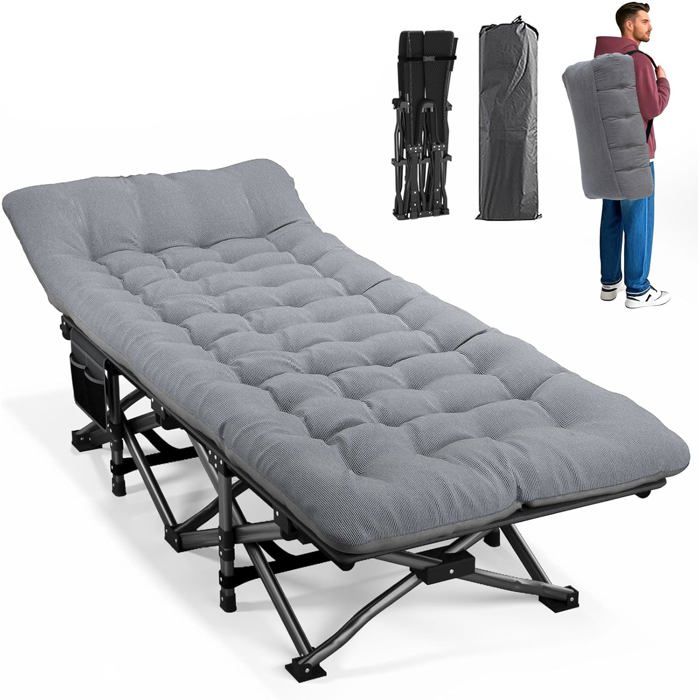 Lit de camp pliable adulte - capacité 200 kg cadre acier renforcé - matelas portable avec poche latérale sans montage