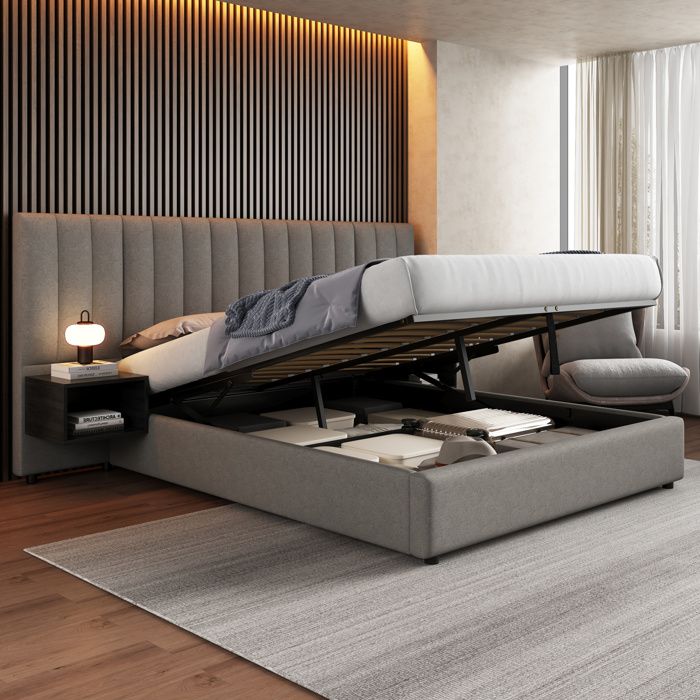 WOVREO Lit coffre 160 x 200 cm hydraulique avec 2 tables de chevet sommier à lattes en bois lin gris et noir